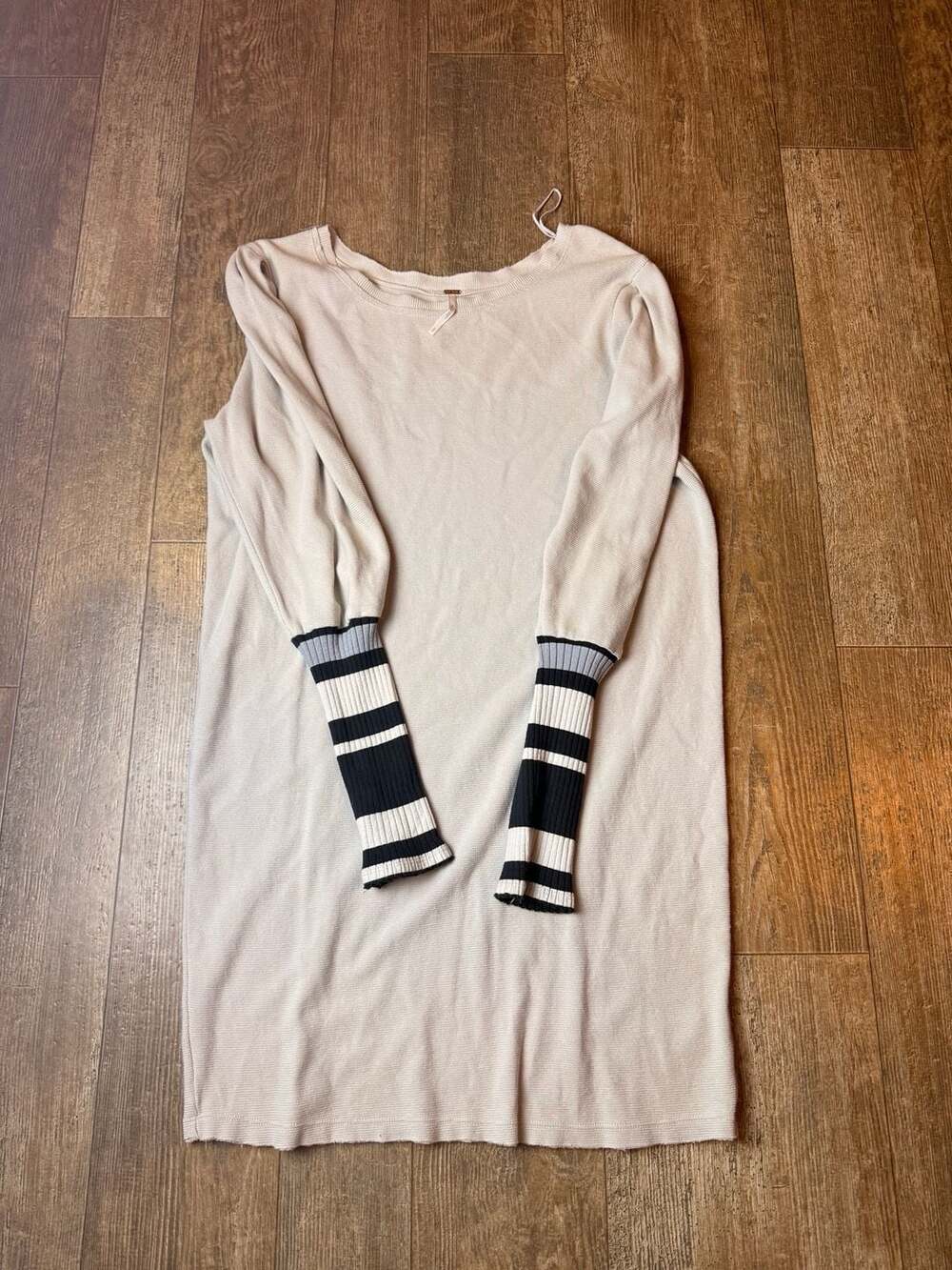 Free People Beige Sweater Dress with Black and White Striped Sleeves small